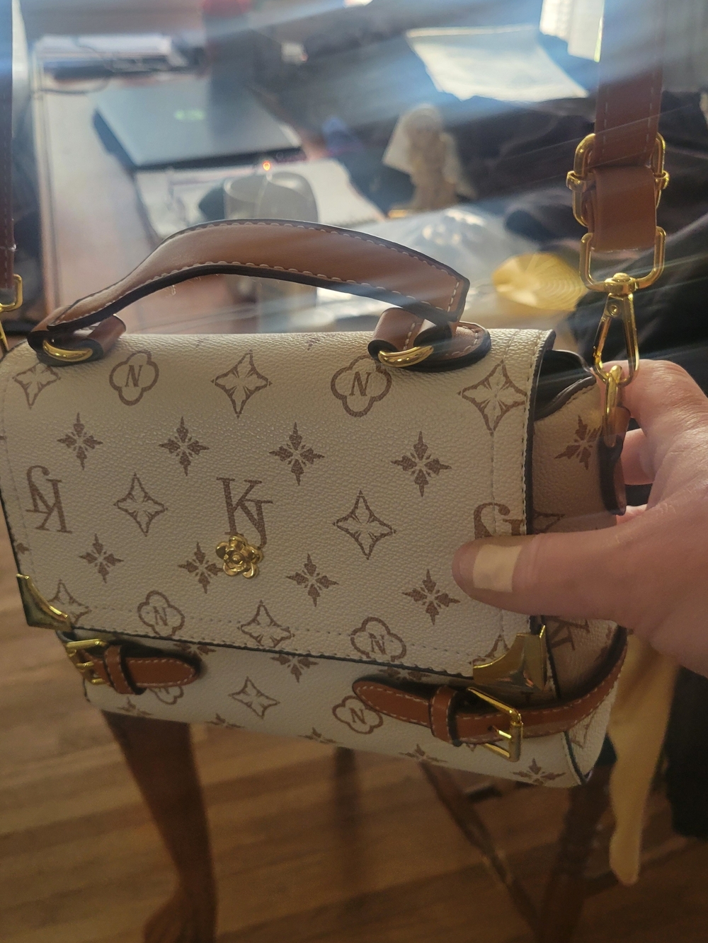 Designer-Inspired Cream and Tan Crossbody Satchel